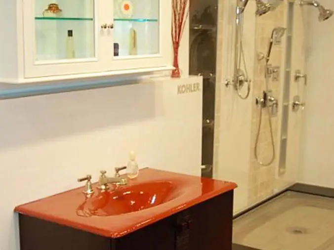 Weinstein Plumbing Supply Allentown PA - showroom red bathroom sink and vanity