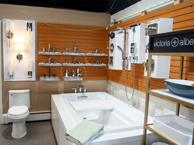 Bathtub and bathroom faucets in the Weinstein Allentown Bath & Kitchen Showroom
